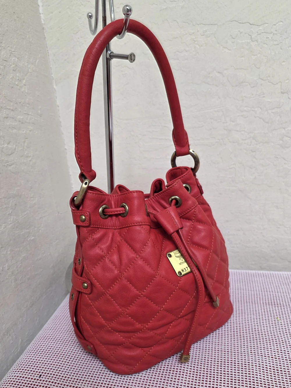 MCM Red Drawstring Bucket Quilted Handbag Satchel AUTHENTIC